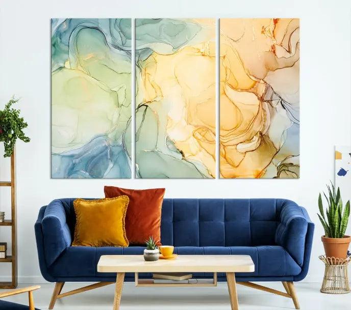 The "Yellow Marble Fluid Effect Wall Art Abstract Canvas Wall Art Print" features a blend of muted greens, blues, and yellows. This artwork is crafted on museum-quality canvases to ensure lasting beauty.