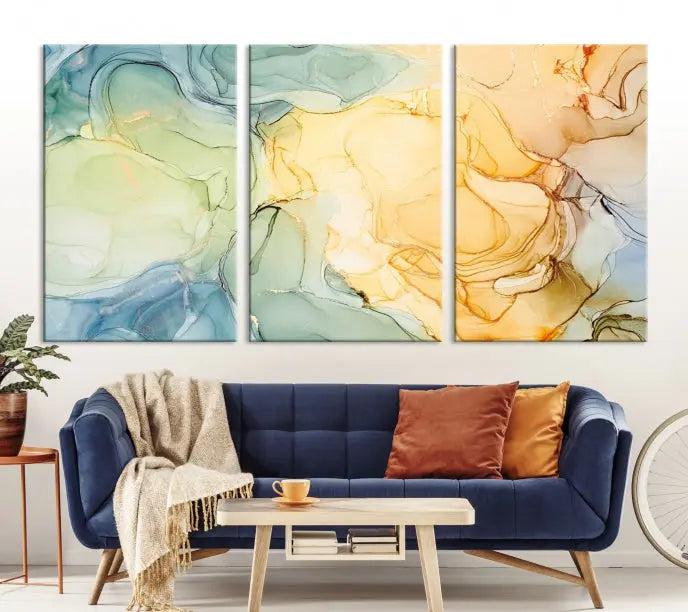 The "Yellow Marble Fluid Effect Wall Art Abstract Canvas Wall Art Print" features a blend of muted greens, blues, and yellows. This artwork is crafted on museum-quality canvases to ensure lasting beauty.