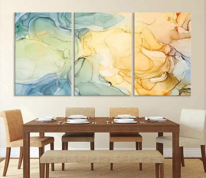 The "Yellow Marble Fluid Effect Wall Art Abstract Canvas Wall Art Print" features a blend of muted greens, blues, and yellows. This artwork is crafted on museum-quality canvases to ensure lasting beauty.