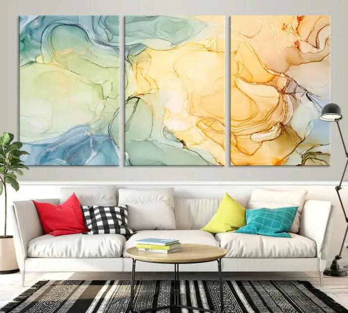 The "Yellow Marble Fluid Effect Wall Art Abstract Canvas Wall Art Print" features a blend of muted greens, blues, and yellows. This artwork is crafted on museum-quality canvases to ensure lasting beauty.