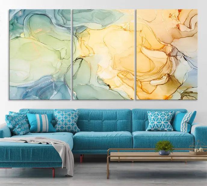 The "Yellow Marble Fluid Effect Wall Art Abstract Canvas Wall Art Print" features a blend of muted greens, blues, and yellows. This artwork is crafted on museum-quality canvases to ensure lasting beauty.