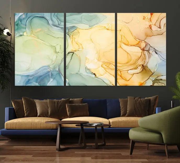 The "Yellow Marble Fluid Effect Wall Art Abstract Canvas Wall Art Print" features a blend of muted greens, blues, and yellows. This artwork is crafted on museum-quality canvases to ensure lasting beauty.