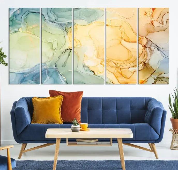 The "Yellow Marble Fluid Effect Wall Art Abstract Canvas Wall Art Print" features a blend of muted greens, blues, and yellows. This artwork is crafted on museum-quality canvases to ensure lasting beauty.