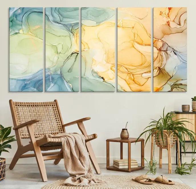 The "Yellow Marble Fluid Effect Wall Art Abstract Canvas Wall Art Print" features a blend of muted greens, blues, and yellows. This artwork is crafted on museum-quality canvases to ensure lasting beauty.