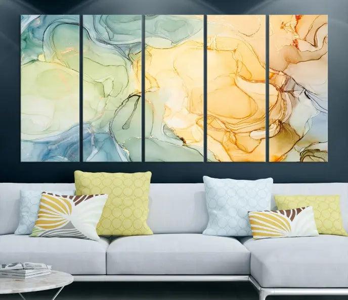 The "Yellow Marble Fluid Effect Wall Art Abstract Canvas Wall Art Print" features a blend of muted greens, blues, and yellows. This artwork is crafted on museum-quality canvases to ensure lasting beauty.