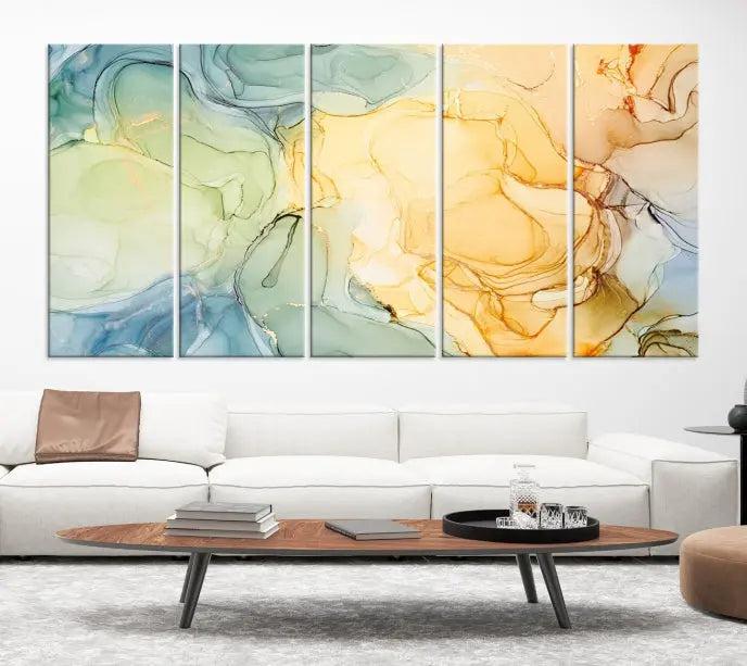 The "Yellow Marble Fluid Effect Wall Art Abstract Canvas Wall Art Print" features a blend of muted greens, blues, and yellows. This artwork is crafted on museum-quality canvases to ensure lasting beauty.