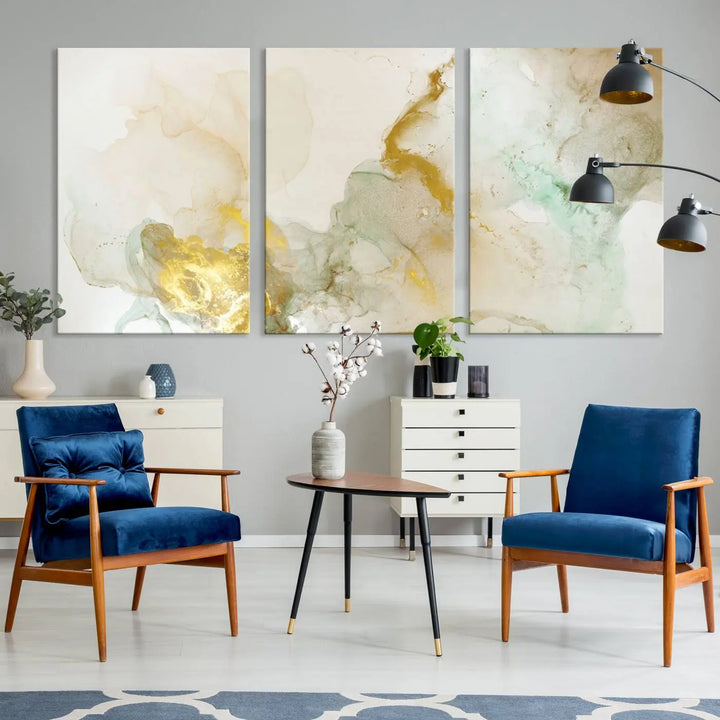 The Yellow Marble Fluid Effect Wall Art Abstract Canvas Print, gallery wrapped on museum-quality polycotton canvas, hangs elegantly. Its UV-protective coating ensures the vibrant colors remain vivid and enduring.