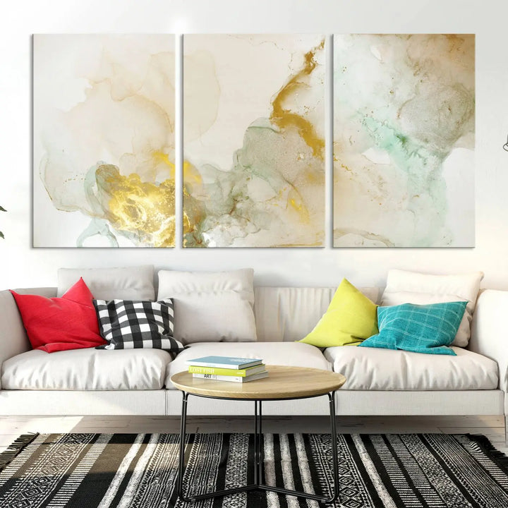 The Yellow Marble Fluid Effect Wall Art Abstract Canvas Print, gallery wrapped on museum-quality polycotton canvas, hangs elegantly. Its UV-protective coating ensures the vibrant colors remain vivid and enduring.