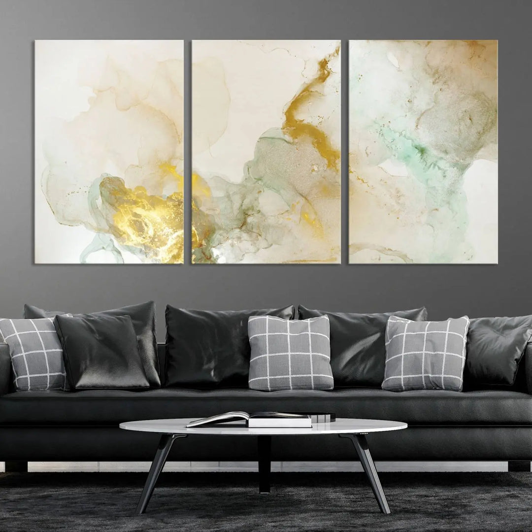 The Yellow Marble Fluid Effect Wall Art Abstract Canvas Print, gallery wrapped on museum-quality polycotton canvas, hangs elegantly. Its UV-protective coating ensures the vibrant colors remain vivid and enduring.