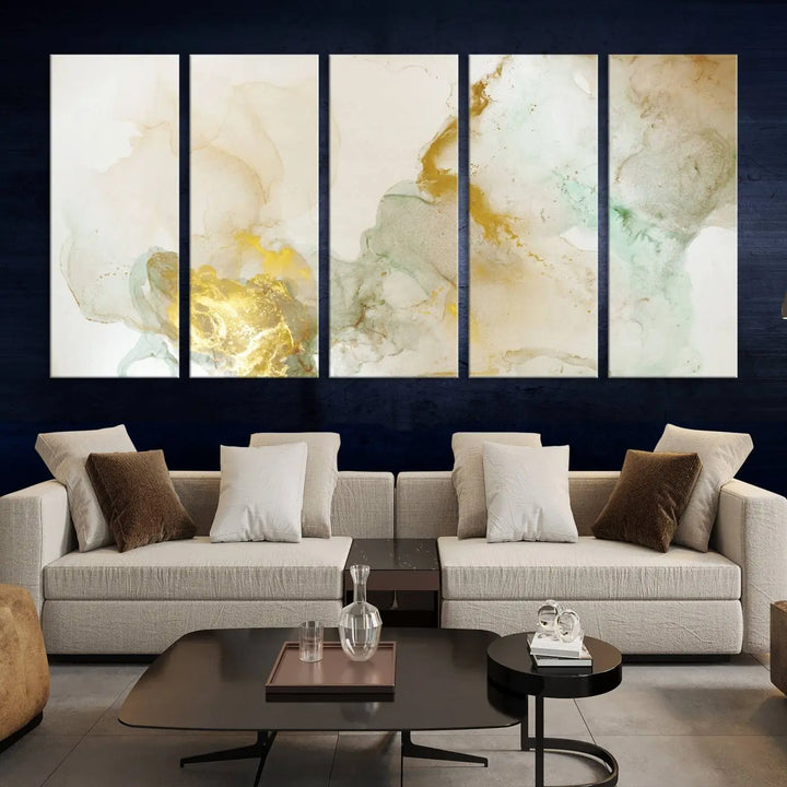 The Yellow Marble Fluid Effect Wall Art Abstract Canvas Print, gallery wrapped on museum-quality polycotton canvas, hangs elegantly. Its UV-protective coating ensures the vibrant colors remain vivid and enduring.