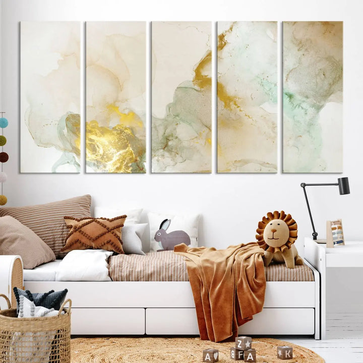 The Yellow Marble Fluid Effect Wall Art Abstract Canvas Print, gallery wrapped on museum-quality polycotton canvas, hangs elegantly. Its UV-protective coating ensures the vibrant colors remain vivid and enduring.