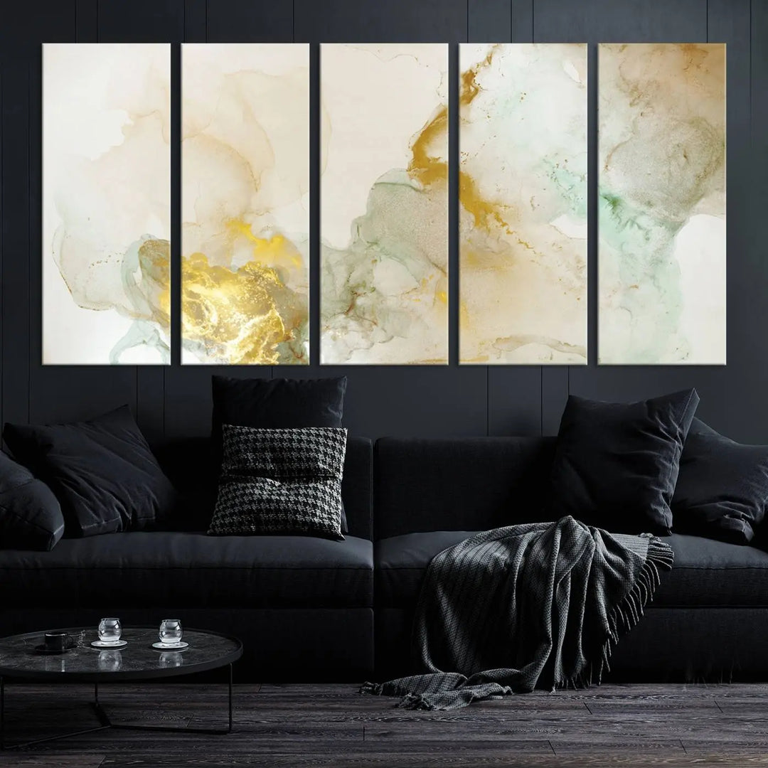 The Yellow Marble Fluid Effect Wall Art Abstract Canvas Print, gallery wrapped on museum-quality polycotton canvas, hangs elegantly. Its UV-protective coating ensures the vibrant colors remain vivid and enduring.