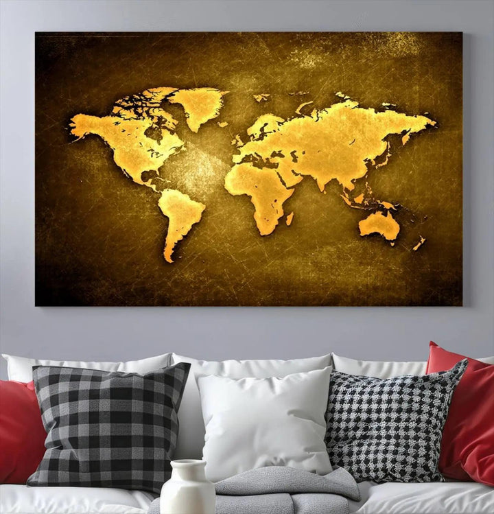 Yellow World Map on Metalic Yellow Background 