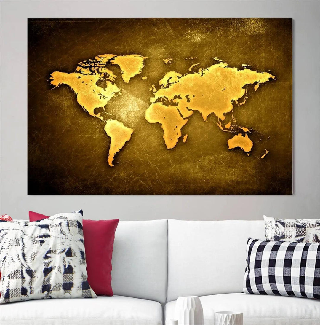 Yellow World Map on Metalic Yellow Background 