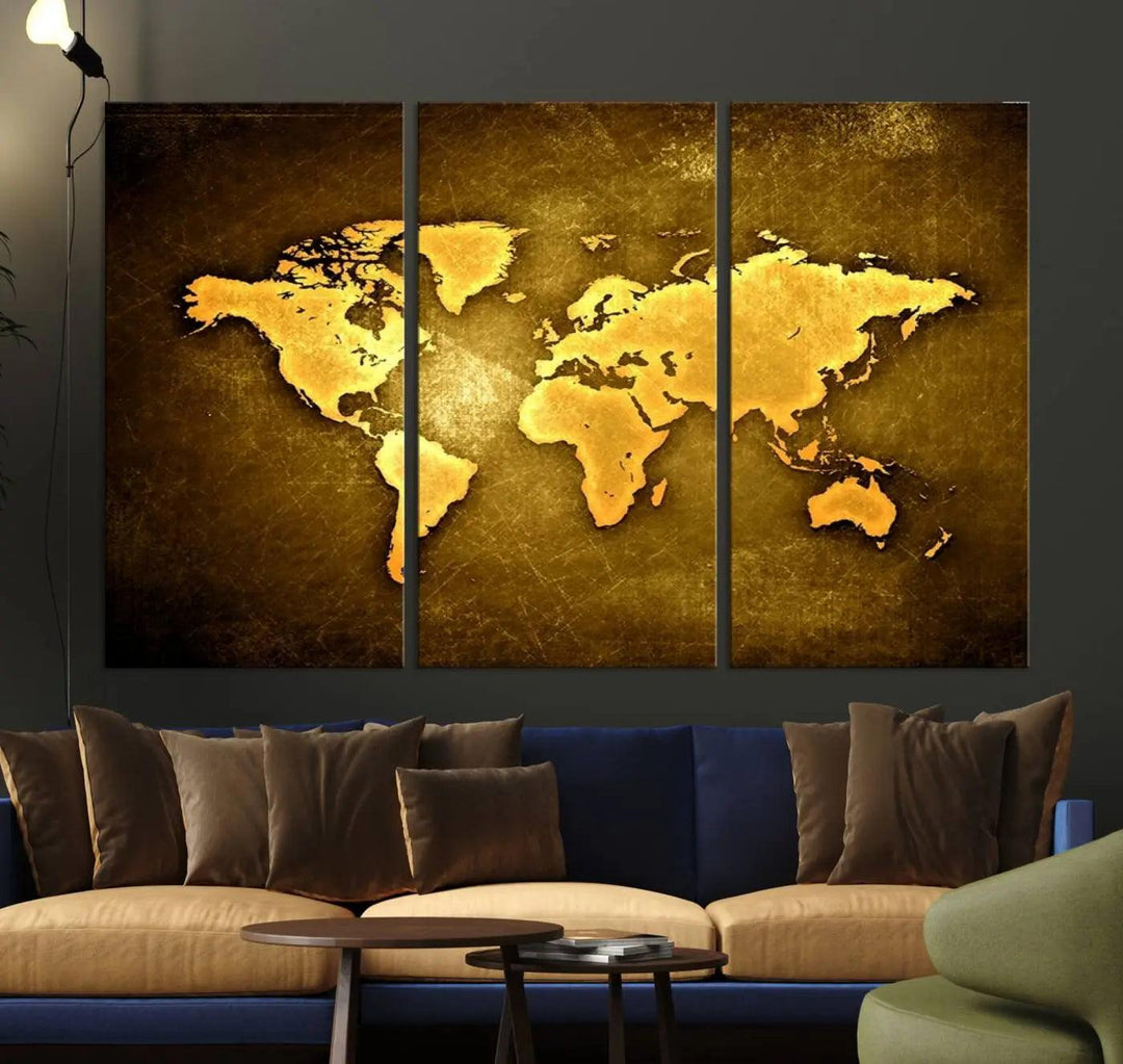 Yellow World Map on Metalic Yellow Background 