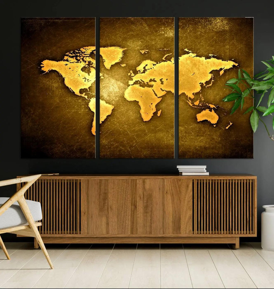 A Yellow World Map on a Metallic Yellow Background adorns the wall, arriving ready to hang and effortlessly infusing an elegant touch into your living space.