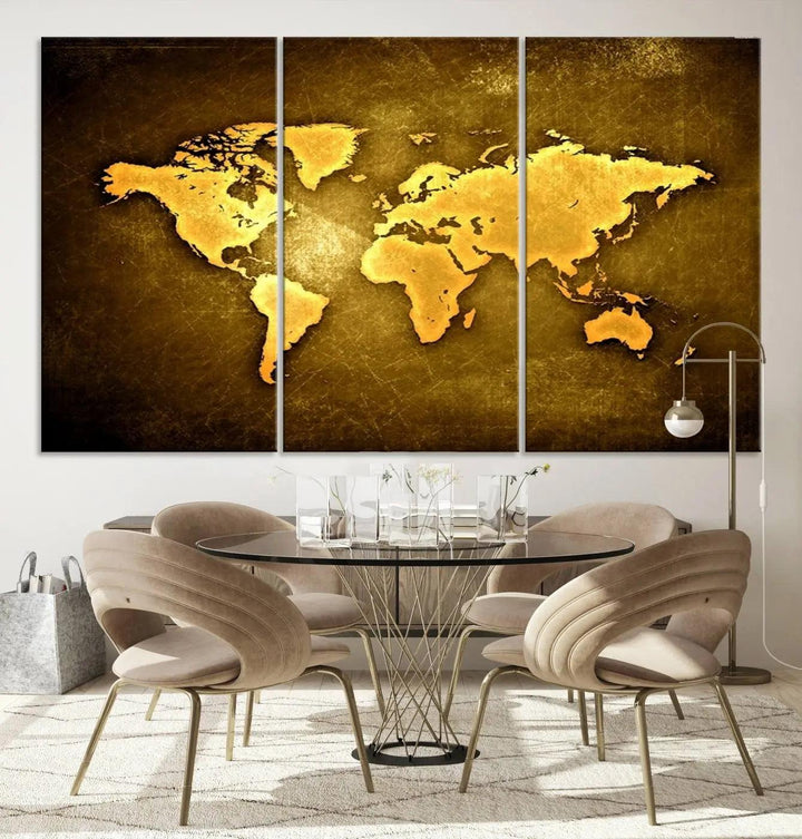 A Yellow World Map on a Metallic Yellow Background adorns the wall, arriving ready to hang and effortlessly infusing an elegant touch into your living space.