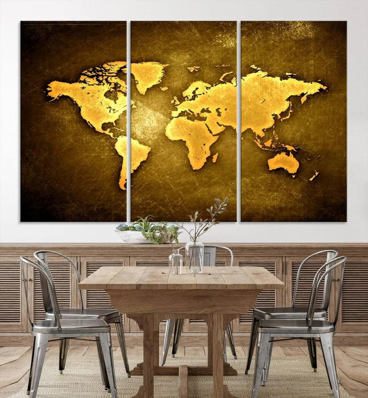 A Yellow World Map on a Metallic Yellow Background adorns the wall, arriving ready to hang and effortlessly infusing an elegant touch into your living space.