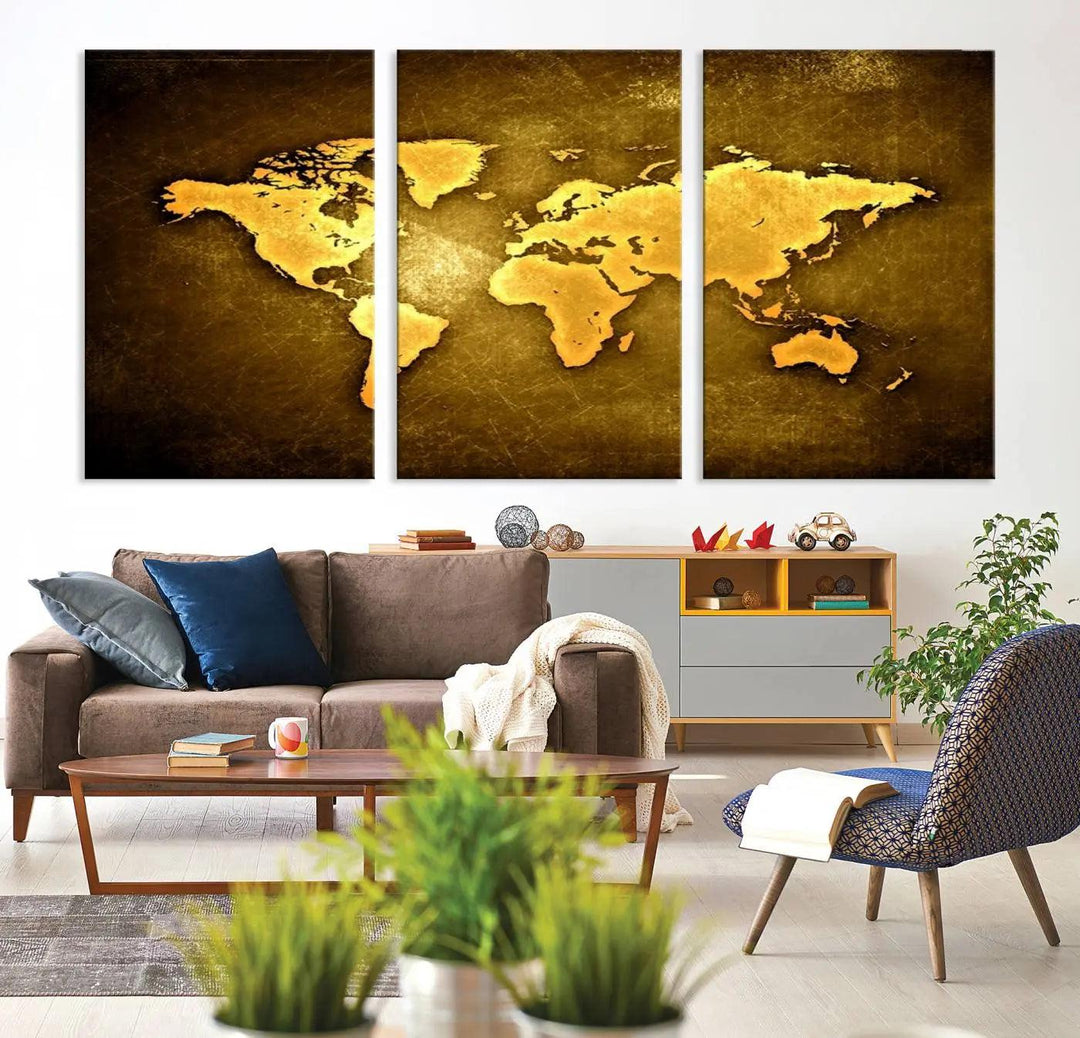 A Yellow World Map on a Metallic Yellow Background adorns the wall, arriving ready to hang and effortlessly infusing an elegant touch into your living space.