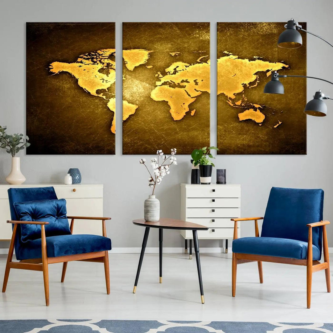 Yellow World Map on Metalic Yellow Background 