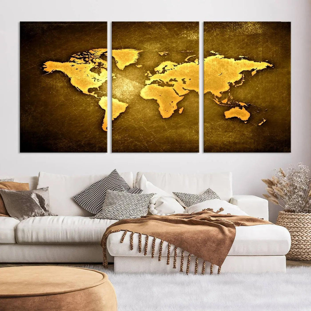 Yellow World Map on Metalic Yellow Background 