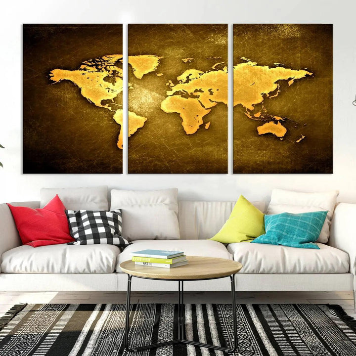 Yellow World Map on Metalic Yellow Background 