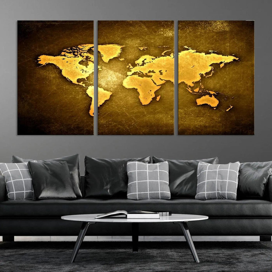 A Yellow World Map on a Metallic Yellow Background adorns the wall, arriving ready to hang and effortlessly infusing an elegant touch into your living space.