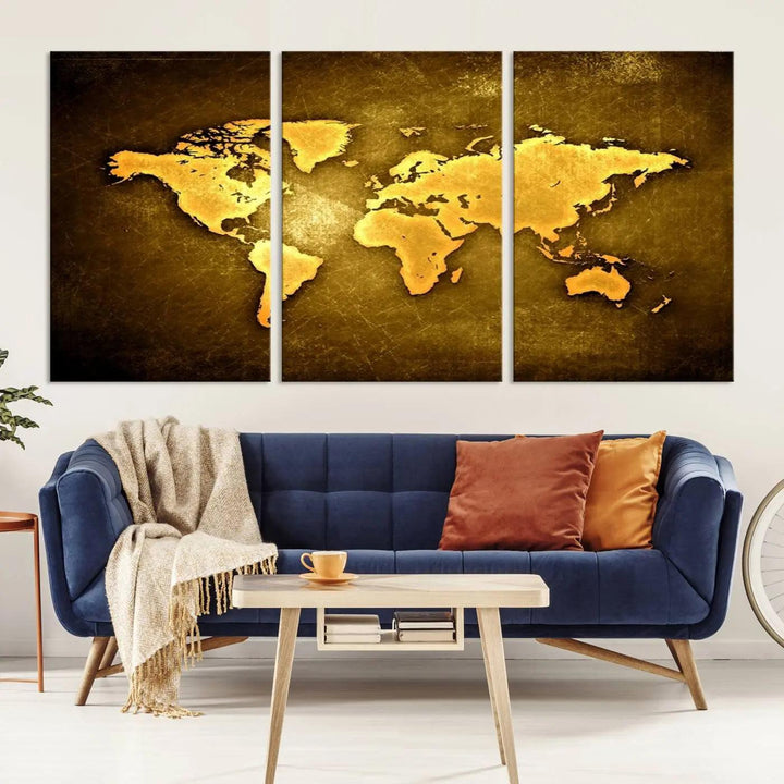 A Yellow World Map on a Metallic Yellow Background adorns the wall, arriving ready to hang and effortlessly infusing an elegant touch into your living space.