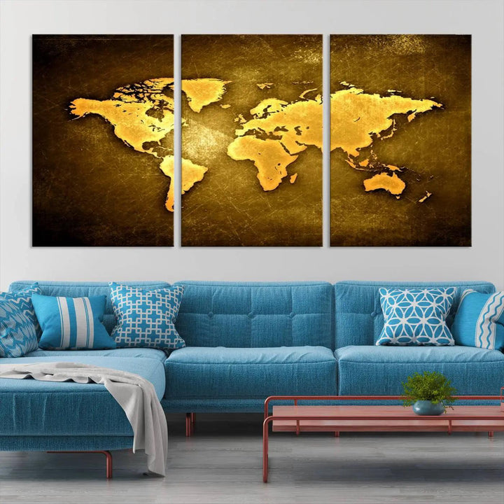 Yellow World Map on Metalic Yellow Background 