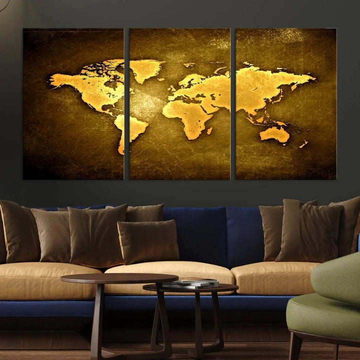 Yellow World Map on Metalic Yellow Background 