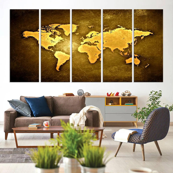 Yellow World Map on Metalic Yellow Background 