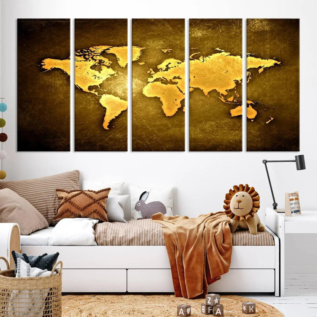 Yellow World Map on Metalic Yellow Background 