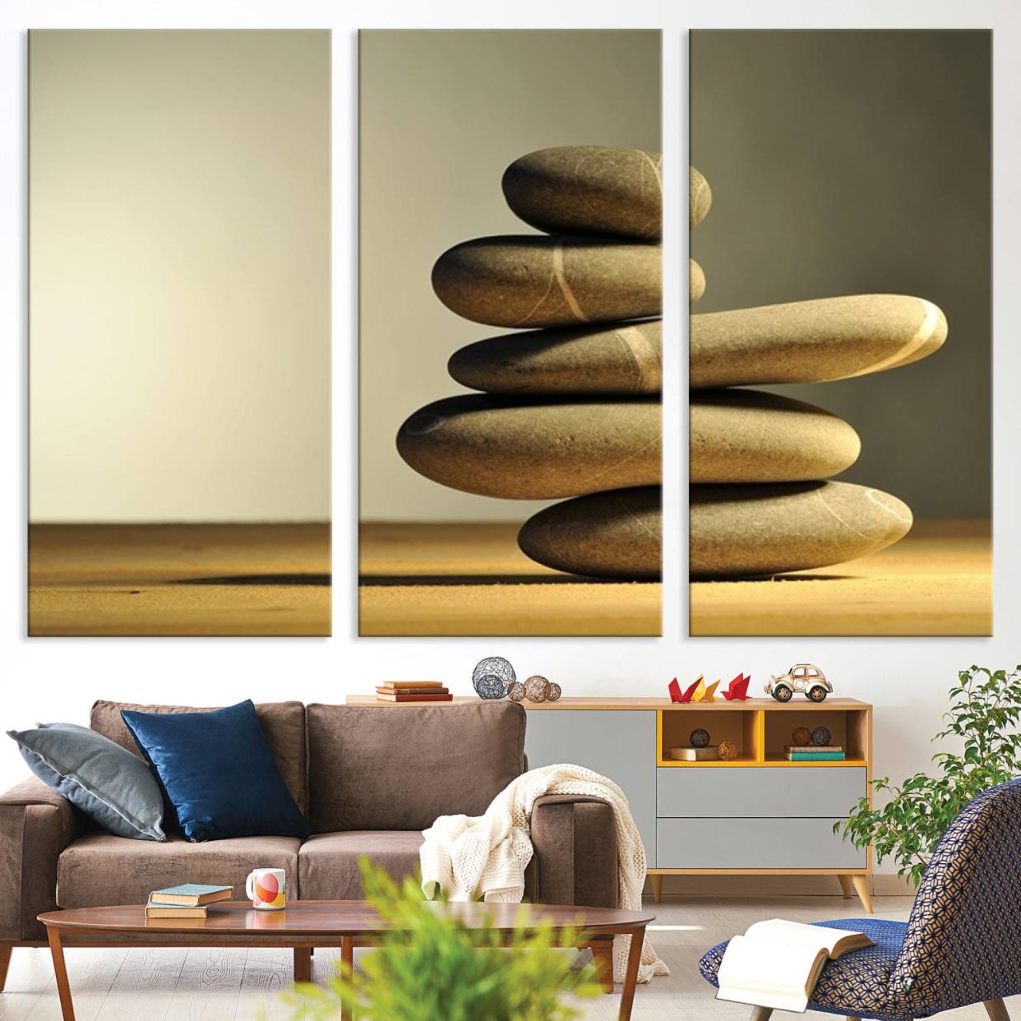 12349-MGV-CV-36X24-Yellow Zen Stones on Yellow Background Wall Art Yoga Zen Artwork