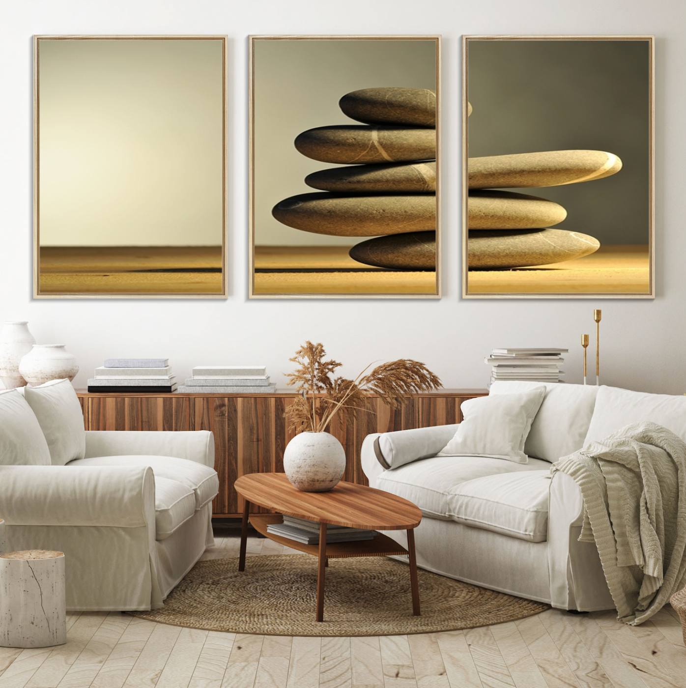 12349-MGV-FC-60X30-3P_Natural-Yellow Zen Stones on Yellow Background Wall Art Yoga Zen Artwork