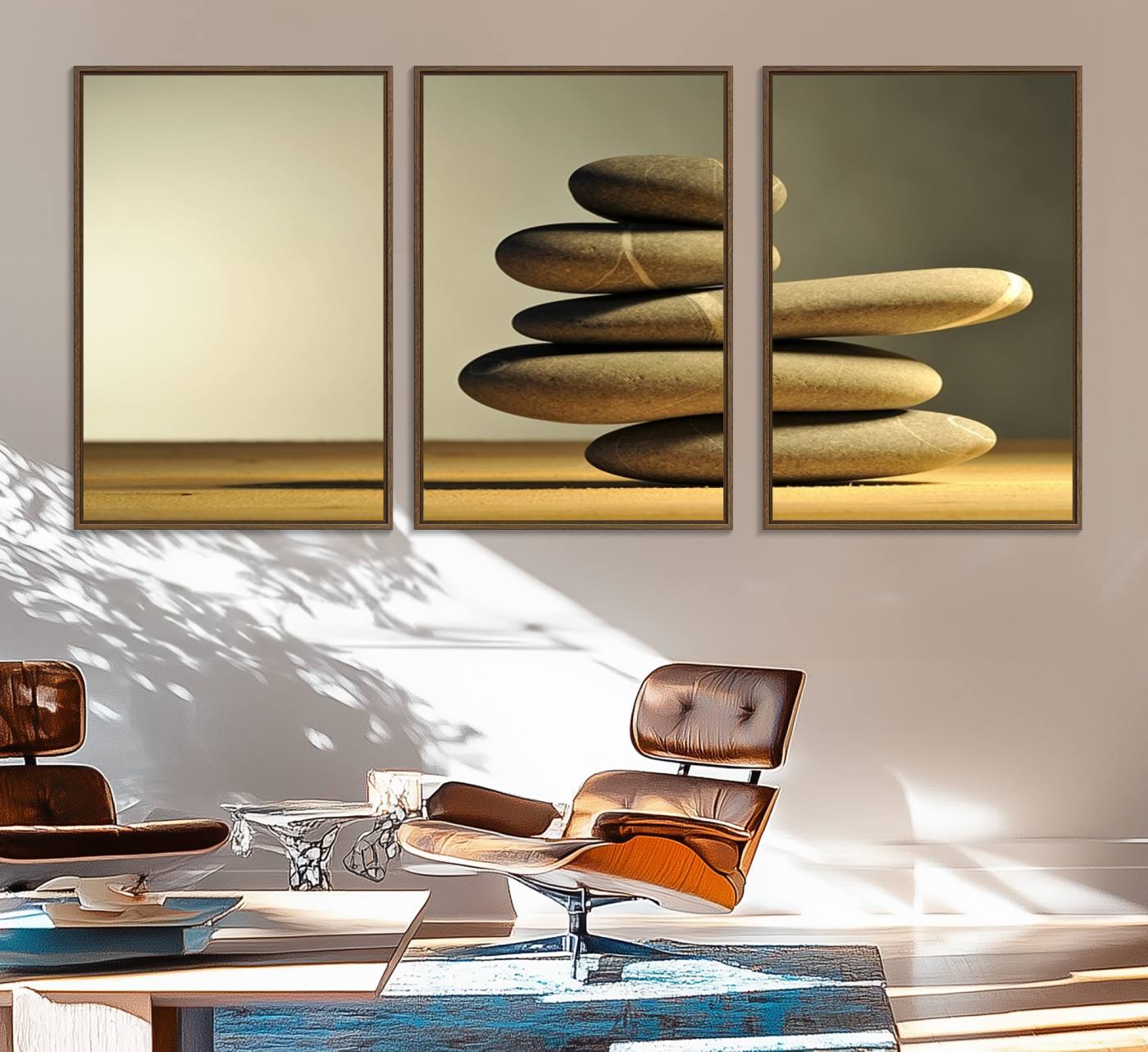 12349-MGV-FC-60X30-3P_Walnut-Yellow Zen Stones on Yellow Background Wall Art Yoga Zen Artwork