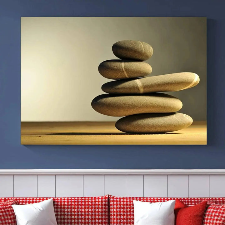 The "Yellow Zen Stones on Yellow Background Wall Art Yoga Zen Artwork," a professionally hand-assembled framed photo with UV-protective coating, is displayed on the wall.