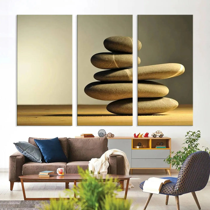 The "Yellow Zen Stones on Yellow Background Wall Art Yoga Zen Artwork," a professionally hand-assembled framed photo with UV-protective coating, is displayed on the wall.