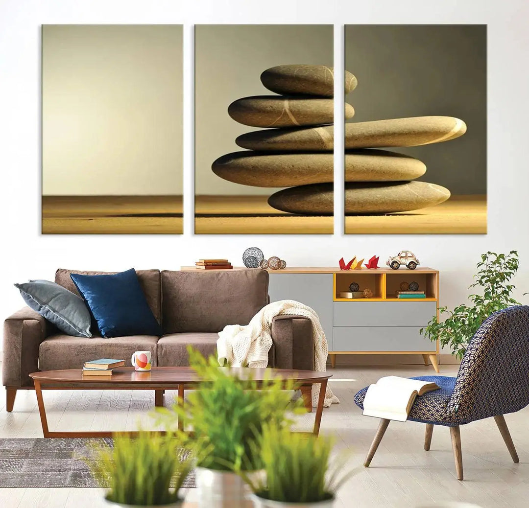 The "Yellow Zen Stones on Yellow Background Wall Art Yoga Zen Artwork," a professionally hand-assembled framed photo with UV-protective coating, is displayed on the wall.