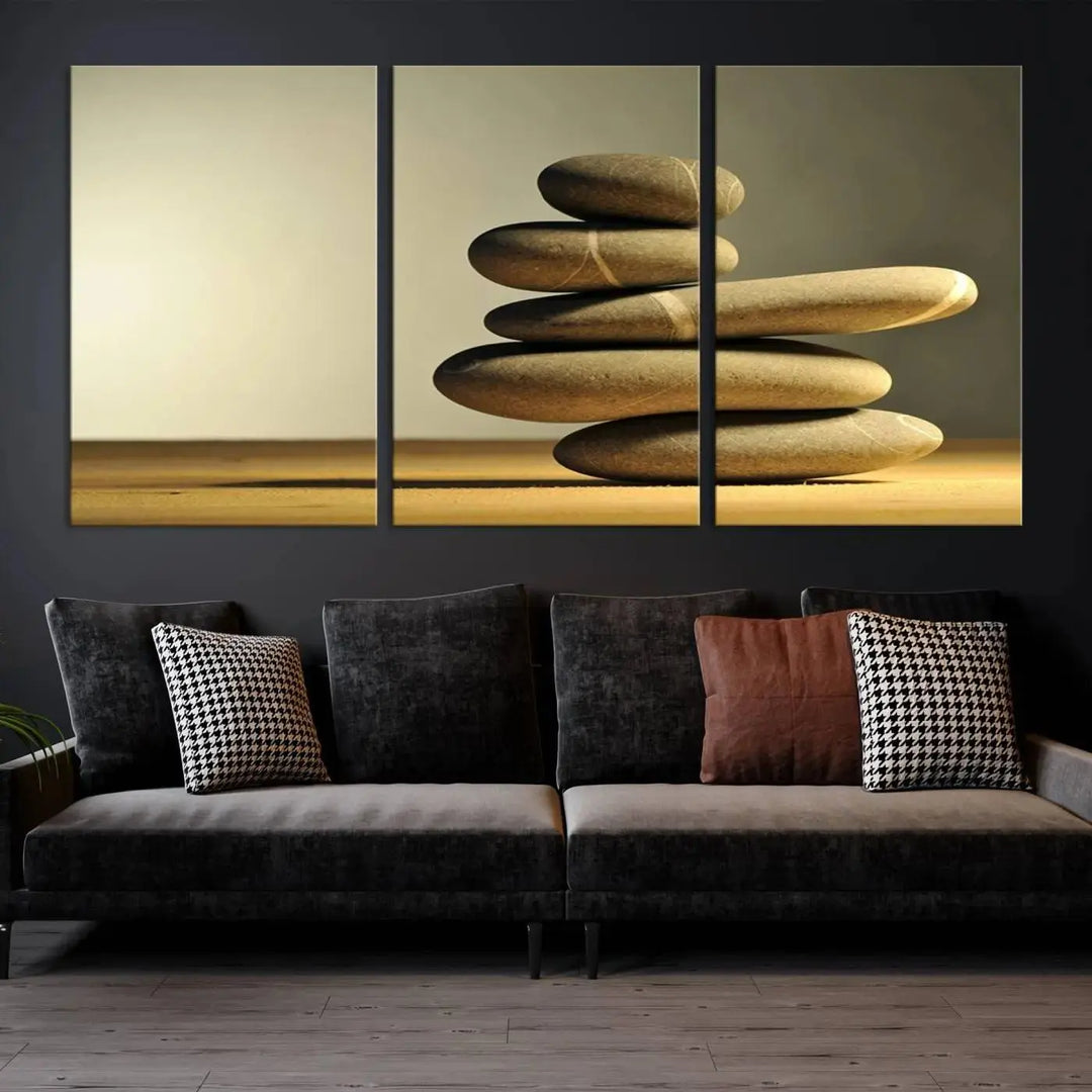 The "Yellow Zen Stones on Yellow Background Wall Art Yoga Zen Artwork," a professionally hand-assembled framed photo with UV-protective coating, is displayed on the wall.