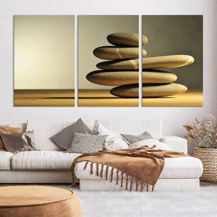 The "Yellow Zen Stones on Yellow Background Wall Art Yoga Zen Artwork," a professionally hand-assembled framed photo with UV-protective coating, is displayed on the wall.