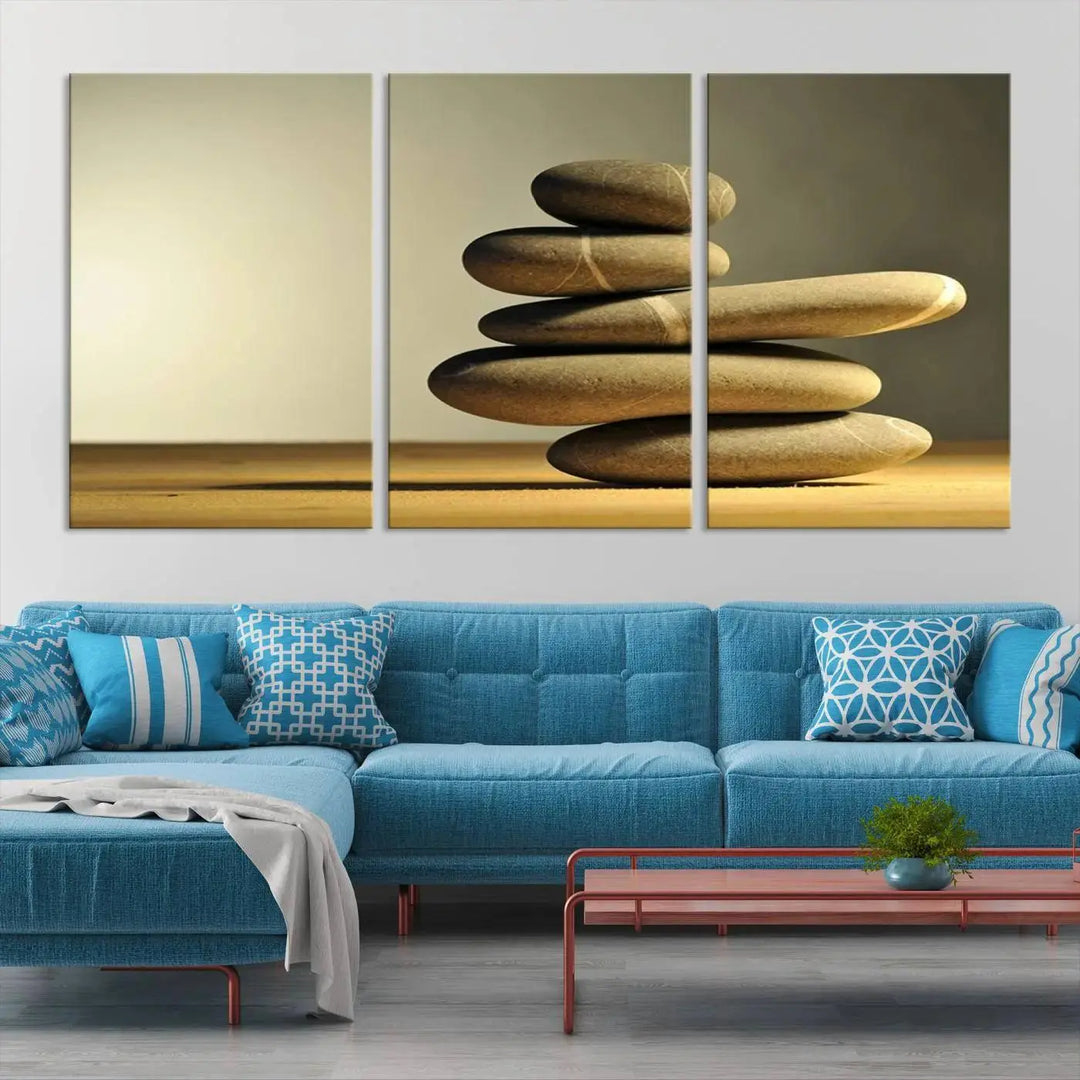 The "Yellow Zen Stones on Yellow Background Wall Art Yoga Zen Artwork," a professionally hand-assembled framed photo with UV-protective coating, is displayed on the wall.