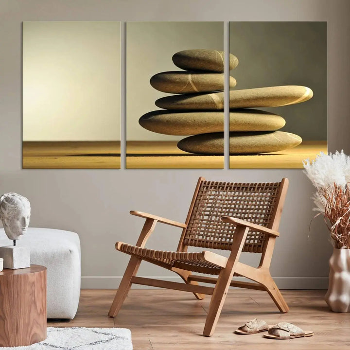 The "Yellow Zen Stones on Yellow Background Wall Art Yoga Zen Artwork," a professionally hand-assembled framed photo with UV-protective coating, is displayed on the wall.