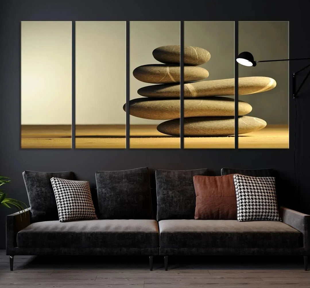 The "Yellow Zen Stones on Yellow Background Wall Art Yoga Zen Artwork," a professionally hand-assembled framed photo with UV-protective coating, is displayed on the wall.