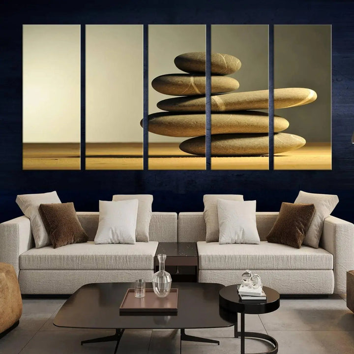 The "Yellow Zen Stones on Yellow Background Wall Art Yoga Zen Artwork," a professionally hand-assembled framed photo with UV-protective coating, is displayed on the wall.