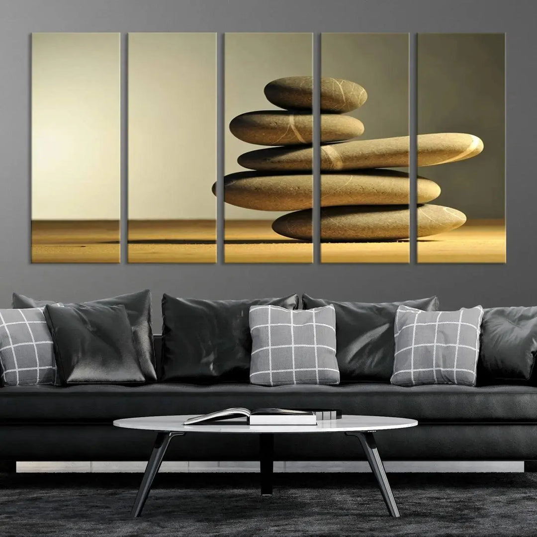 The "Yellow Zen Stones on Yellow Background Wall Art Yoga Zen Artwork," a professionally hand-assembled framed photo with UV-protective coating, is displayed on the wall.