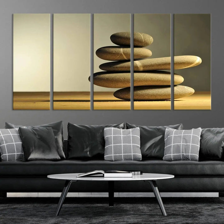 The "Yellow Zen Stones on Yellow Background Wall Art Yoga Zen Artwork," a professionally hand-assembled framed photo with UV-protective coating, is displayed on the wall.