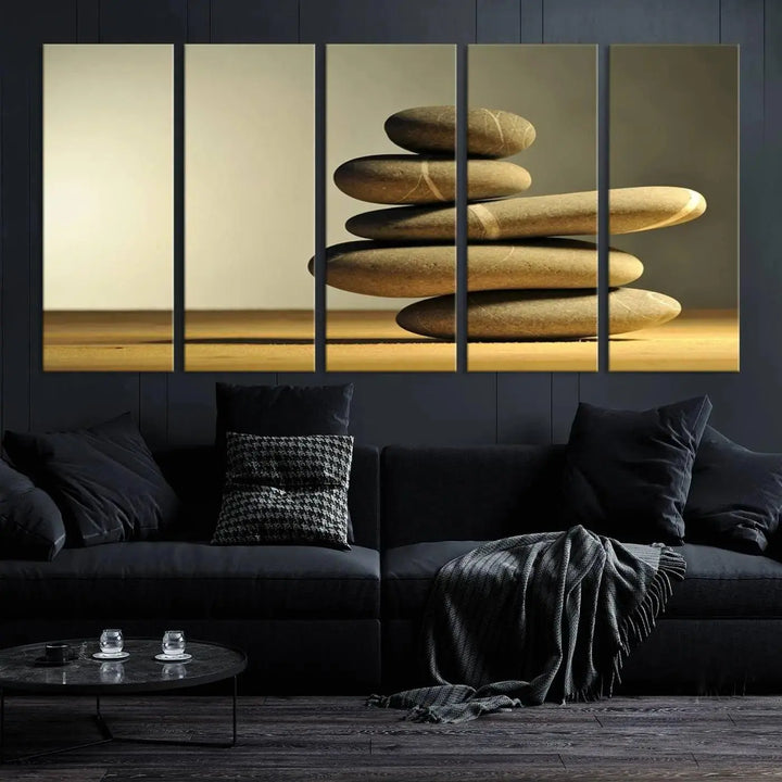 The "Yellow Zen Stones on Yellow Background Wall Art Yoga Zen Artwork," a professionally hand-assembled framed photo with UV-protective coating, is displayed on the wall.