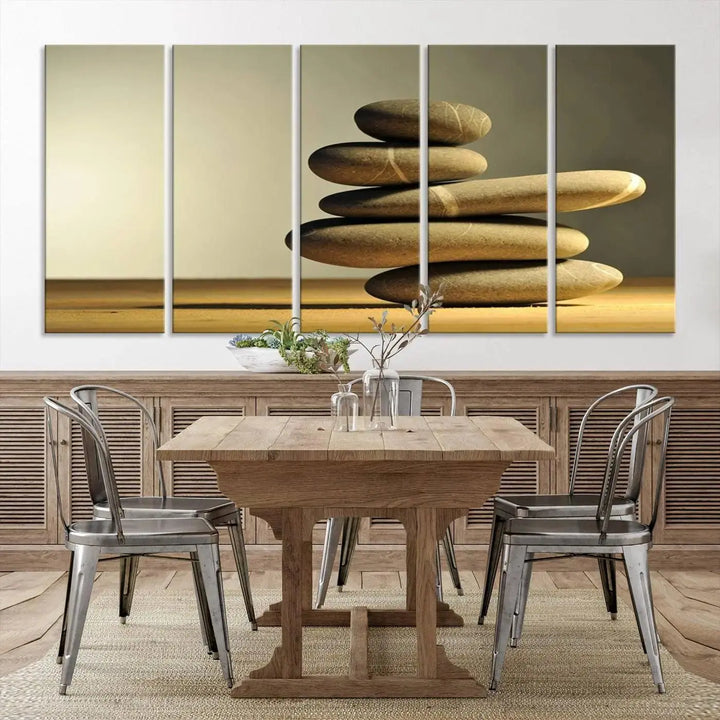 The "Yellow Zen Stones on Yellow Background Wall Art Yoga Zen Artwork," a professionally hand-assembled framed photo with UV-protective coating, is displayed on the wall.