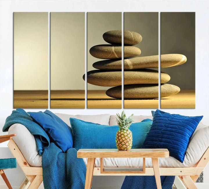 The "Yellow Zen Stones on Yellow Background Wall Art Yoga Zen Artwork," a professionally hand-assembled framed photo with UV-protective coating, is displayed on the wall.