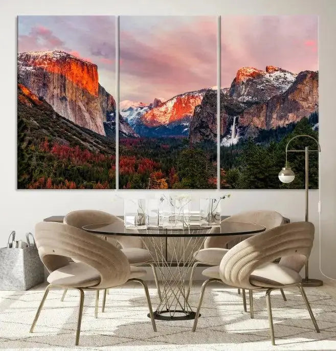 The Yosemite Half Dome Wall Art Canvas Print El Capitan, a three-panel masterpiece depicting a museum-quality mountain landscape at sunset, offers stunning visuals. Enjoy free shipping on these beautiful canvases.